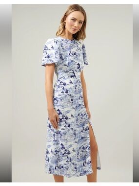 Sugarlips Francine Toile Blue & White Scenic Print Midi Dress with Side Slit